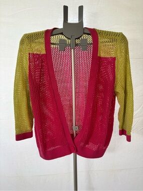 Christopher & Banks Open-Knit Two-Tone Cardigan in Pink and Lime Green